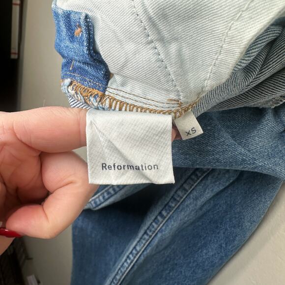 Reformation Johnny Aegean Distressed Light Wash Denim Straight Leg Jean Overalls - Picture 13 of 15